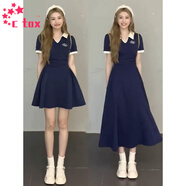 CTOX大碼polo領(lǐng)連衣裙女夏夏新款微胖妹妹減齡收腰A字顯瘦學(xué)院風(fēng)長(zhǎng)裙 藏藍(lán)拼杏【長(zhǎng)款】 XL 120-140斤
