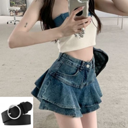 凌卡戚高腰牛仔半身裙女新款辣妹復(fù)古設(shè)計(jì)感小個(gè)子A字短裙荷葉邊裙 藍(lán)色蛋糕裙有內(nèi)襯+腰帶 M