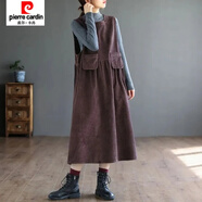 皮爾卡丹（pierre cardin）秋冬新款燈芯絨中長(cháng)款連衣裙女士復古文藝大碼口袋無(wú)袖背心裙 棕紅色 M 85-100斤