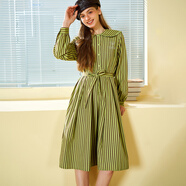 木果果木2025春季新款法式氣質(zhì)條紋收腰a字娃娃領(lǐng)長(cháng)袖連衣裙 綠咖條 S