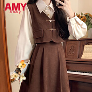 愛(ài)麥依夏季連衣裙長(cháng)袖假兩件套裝裙法式大碼女裝收腰背帶裙子 咖啡色長(cháng)袖假兩件#943 M 建議80-105斤