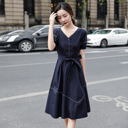 FSHE法式v領(lǐng)感連衣裙女夏季2025復古高端收腰御姐溫柔風(fēng)氣質(zhì)a字裙百搭 藏青色 M