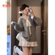 乖甜星灰色設(shè)計感蕾絲拼接蝴蝶結(jié)長袖毛衣針織衫女春季休閑寬松氣質(zhì)上衣 灰色假兩件 L 建議105-115斤