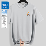 真維斯（Jeanswest）吸濕速干正肩袖短袖t恤男夏季青少年UPF50+運動(dòng)涼感防曬體恤衫男 淺灰(傾斜字母胸標) 4XL (體重205-230斤)