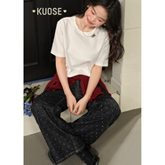 闊色（kuose）白色玫瑰花刺繡短袖上衣女春季新款純棉寬松正肩T恤秋 白色 S