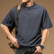 季言潮奢冰絲華夫格短袖t恤男夏季抗皺 美式重磅亨利衫微彈透氣體恤 深灰色清爽透氣華夫格 2XL （適合160-175斤）