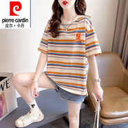 皮爾卡丹（pierre cardin）純棉彩色條紋短袖t恤女韓版寬松23新款夏季學(xué)生百搭刺繡上衣潮 彩色條紋 2XL 【171-200斤】