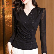 金狐貍內(nèi)搭打底衫女2025新款交叉V領(lǐng)時尚時髦洋氣小衫網(wǎng)紗長袖上衣 黑色 3XL [建議135-150斤]