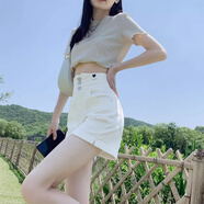 凌卡戚白色超高腰牛仔短褲女顯瘦遮肚子排扣辣妹休閑褲子潮ins 白色XX S 建議85-斤