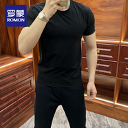 羅蒙（ROMON）夏季男士純色百搭短袖修身潮流白色成棉體恤彈力舒適柔軟t恤上衣 黑色 2XL 135-151斤