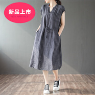 即美森田（BEAUTY BUFFET）棉麻連衣裙中長(zhǎng)款日韓原單剪標(biāo)女尾貨短袖條紋亞麻襯衫長(zhǎng)裙文藝系 品牌深灰色(少量現(xiàn)貨) M 【建議90-110斤】