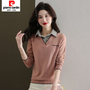 皮爾卡丹（pierre cardin）假兩件毛衣女春秋款襯衫領(lǐng)針織衫上衣時尚洋氣打底衫polo領(lǐng)毛衣女 粉紅色 S