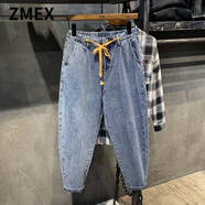 ZMEX牛仔褲男士新款寬松潮流百搭哈倫小腳褲子男九分蘿卜褲男 K304  淺藍(lán)色 2XL