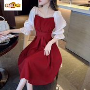 初徑大碼女裝夏季連衣裙女新款胖妹妹收腰顯瘦法式泡泡袖字裙子 紅色五分袖 高品質(zhì) 2XL 建議140-160斤