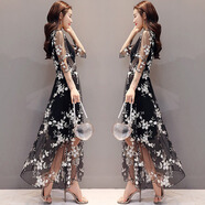 尤柯鳥(niǎo)（yoekbird）大碼女裝2025夏季新款氣質(zhì)顯瘦網(wǎng)紗碎花長(cháng)裙微胖妹妹雪紡連衣裙子 黑白色 4XL 適合175-200斤