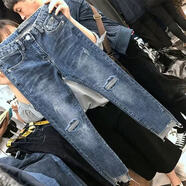 FSHE2025春秋季新款百搭皮牌小腳牛仔褲女高彈力顯瘦毛邊九分鉛筆褲 藍色 M (建議95-105斤)