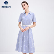 Navigare意大利小帆船女全棉X版短袖條紋印花連衣裙2322875520 藍 XL 