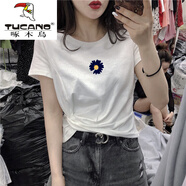 啄木鳥（TUCANO）棉t恤女2025新款夏白色短袖T恤女短款修身小眾高腰搭配牛仔 白色#小雛菊 024 M