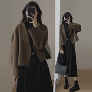歐迪惠法式連衣裙女裝2025年秋季新款衣服套裝毛呢外套女小香風(fēng)穿搭裙子 咖色毛呢外套+黑色裙 M 【95-110斤】