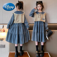迪士尼（Disney）女童秋季連衣裙2025新款女大童洋氣學(xué)院風(fēng)牛仔裙兒童長袖兩件套裙 馬甲 140 cm