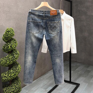 伍迪丹頓（WODYDATON）高級感牛仔褲男士2025秋季彈力修身小腳褲潮牌個(gè)性印花九分休閑褲 藍色 28 【90-100斤】