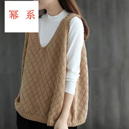 冪系女士馬甲2025春秋新款大I碼文藝背心V領(lǐng)鏤空針織馬甲媽1媽洋氣 卡其色 均碼 大I【100-200斤】