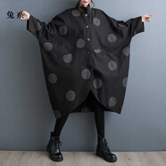 兔系2025春裝新款寬松大碼歐美復古立領(lǐng)蝙蝠型波點(diǎn)印花風(fēng)衣外套女 黑色 均碼