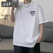 JEEP SPIRIT吉普短袖恤男重磅純棉夏季潮牌印花上衣寬松圓領(lǐng)半袖體恤男裝衣服 Panda胸標(biāo)(白) XL (120-140斤)