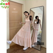DXOT2025新款粉色吊帶裙女秋夏季海邊白色連衣裙甜美蛋糕長裙收腰裙子 粉色 L 建議100-120斤