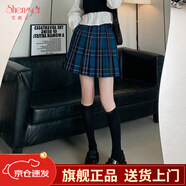 笙格兒jk格子裙春秋季美式復古學院風百褶裙高腰顯瘦藍色大碼學生半身裙 深藍色 XS