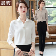 晨芙職業(yè)裝V領(lǐng)白襯衫女長(zhǎng)袖時(shí)尚氣質(zhì)雪紡襯衣工裝商務(wù)白領(lǐng)教師工作服 單件白色襯衫 XL 建議110-122斤