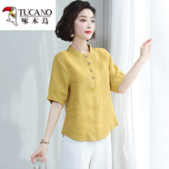 啄木鳥(niǎo)2025新款棉麻t恤女中袖亞麻短袖女夏季寬松大碼韓版顯瘦苧麻上衣 黃色 3XL 建議：145-170斤