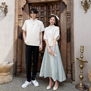 浣卿袖情侶衣服 情侶一套一整套民國風(fēng)情侶裝夏裝復(fù)古刺繡短袖漢服男 男上衣 XL