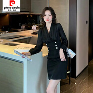 皮爾卡丹（pierre cardin）感氣質(zhì)名媛御姐女神范雙排扣顯瘦連衣裙秋小香風(fēng)修身包臀禮服 黑色 2XL 123-133斤