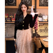 阿瑪瑟（amase）富家千金小香風(fēng)新年套裝裙女秋冬款亮片半身裙感小洋裝兩件套 黑色絲絨上衣+亮片半身裙:兩件套 L