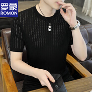 羅蒙（ROMON）夏季豎條紋冰絲男士短袖T恤修身圓領(lǐng)潮流時尚冰麻針織半袖體恤男 黑色 XL
