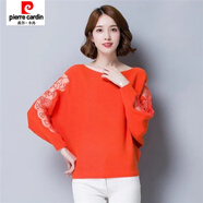 皮爾卡丹（pierre cardin）新款一字領(lǐng)針織蝙蝠衫女蕾絲袖時(shí)尚T恤潮搭顯瘦上衣春秋百搭 橙色 S