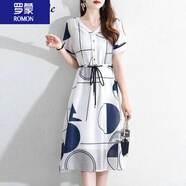 羅蒙（ROMON）連衣裙女裝夏季2024新款輕奢短袖幾何圖案v領(lǐng)顯瘦寬松俏皮裙 米白色 XL