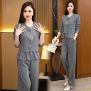 忻依美小香風(fēng)花朵套裝女兩件套2025春秋新款時(shí)尚洋氣顯瘦上衣闊腿褲套裝 灰色 XL 【115-125斤】