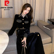 皮爾卡丹（pierre cardin）法式氣質(zhì)小香千金風(fēng)連衣裙女春秋高級收腰顯瘦長(cháng)袖黑色絲絨長(cháng)裙子 黑色 L 適合100-115斤