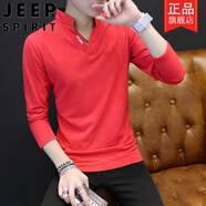 吉普（JEEP）短袖t恤V領(lǐng)男士t恤長(cháng)袖純棉上衣服秋季小衫2025秋裝T恤潮流衛衣 T02紅色 M