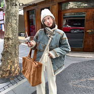 拉夏貝爾（La Chapelle）牛仔仿羊羔毛短外套女秋冬2024新款設(shè)計(jì)感休閑加厚加絨派克外套女 淺牛仔色 S 105斤內(nèi)