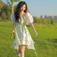 尹振天綠色碎花泡泡袖連衣裙2025夏季收腰顯瘦法式歐根紗蓬蓬裙 碎花網(wǎng)紗裙 M