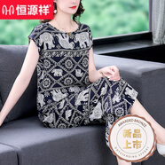 恒源祥棉綢套裝女印花睡衣兩件套中年媽媽短袖口袋家居睡衣大碼寬松透氣 藍底象紋 M 70-90斤