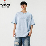 啄木鳥（TUCANO）重磅短袖T恤砂洗鋼印短袖t恤男夏季美式復(fù)古潮牌五分袖痞帥體恤 淺藍(lán)色 2XL