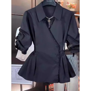 菲尼東爵大碼級感v領(lǐng)泡泡短袖襯衫夏季新款微胖mm法式氣質(zhì)收腰裙擺上衣 黑色版 XL 建議118-136斤