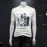 閃爆潮流港風(fēng)闊版短袖t恤男休閑寬松印花體恤衫夏季透氣吸汗半袖小衫 3032米白色 M