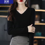 羅蒙（ROMON） 女裝V領(lǐng)針織衫女秋冬季新款內(nèi)搭保暖打底衫軟糯長(zhǎng)袖毛衣洋氣上衣 黑色 M 100-110