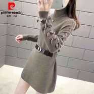 皮爾卡丹（pierre cardin）毛衣女中長款寬松長袖針織連衣裙女士外穿加絨打底衫潮2025秋冬款 駝色  腰帶 S 90斤以下
