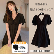 鉑吶苓大碼泳衣女士連體溫泉遮肉肚子無(wú)袖性感顯瘦泳裝裙式胖妹妹 黑色大碼泳衣 XL 碼【適合125斤-160斤】